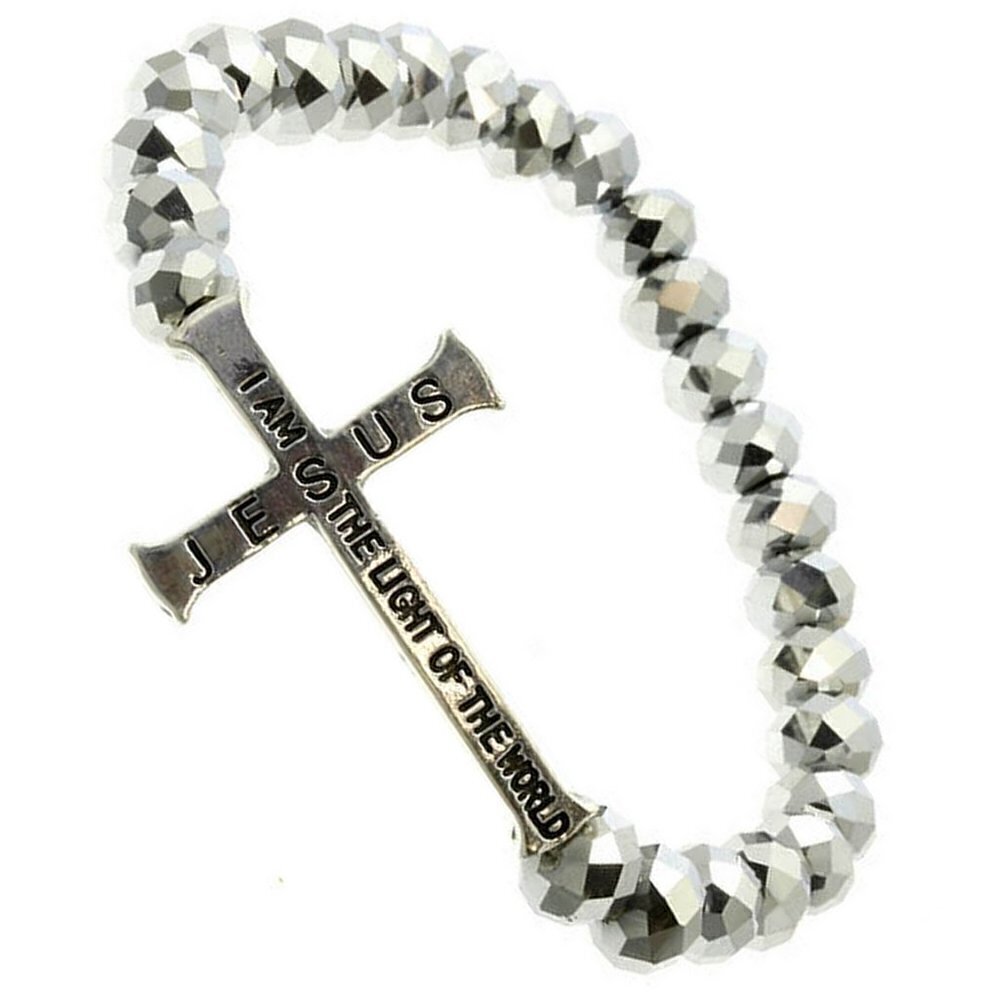 Jesus I Am the Light of the World Cross Silver Faceted Crystal Stretch Bracelet